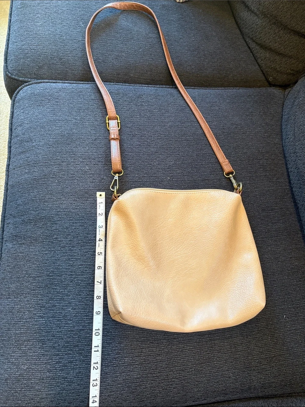 Neutral Beige Pebbled Faux Leather Crossbody with Brown Strap